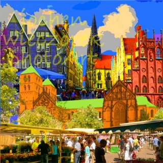 Wochenmarkt, Dom, Kiepenkerl-Giebelhäuser, Prinzipalmarkt mit Lambertikirche, Rathaus