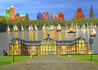 Im Vordergrund das Schloß, umgeben vom Aasee, den Hintergrund bilden der Dom, Häuser auf dem Prinzipalmarkt, das Rathaus und die Lambertikirche