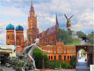 im Vordergrund: Viktualienmarkt - "Walking Man" Skulptur von Jonathan Borofsky - Maximilianeum - Isartorplatz mit dem Valentin-Karlstadt-Museum - im Hintergrund die Frauenkirche - das Rathaus - die Siegesgöttin Nike - Monopteros im Englischen Garten - ein Surfer im Eisbach